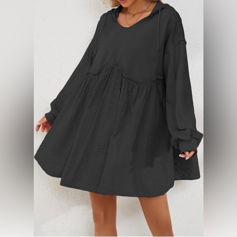 Women Oversized Long Sleeve Patchwork Hoodie Dress Stitching Flowy Sm